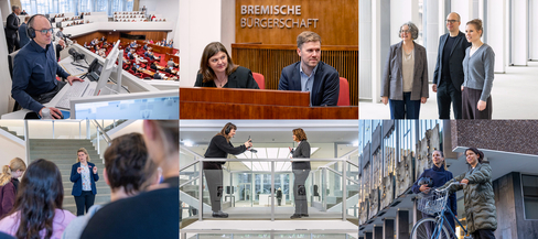 Die Collage zeigt mehrere Fotos aus dem Arbeitsalltag in der Bürgerschaftskanzlei. Oben links sitzt ein Mitarbeiter aus der Pressestelle an einem Arbeitsplatz auf der Tribüne im Plenarsaal. In der Mitte ist eine Gesprächssituation des Protokolldienstes zu sehen. Oben rechts stehen drei Kolleg:innen beisammen. Unten links spricht eine Mitarbeiterin vor einer Gruppe Schüler:innen. In der unteren Mitte filmt eine Mitarbeiterin aus der Pressestelle die Bürgerschaftspräsidentin für den Social-Media-Auftritt des Parlaments. Unten rechts stehen zwei Frauen vor dem Haus der Bürgerschaft. Eine von ihnen schiebt ein Fahrrad.