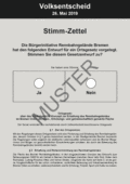 Abbildung von Seite 1 des Musterstimmzettels mit zwei weißen Ankreuzflächen und dem Gesetzentwurf