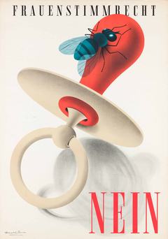 Ausstellungsplakat von Donald Brun für eine Kampagne gegen die Einführung des Frauenwahlrechts in der Schweiz im Jahr 1946